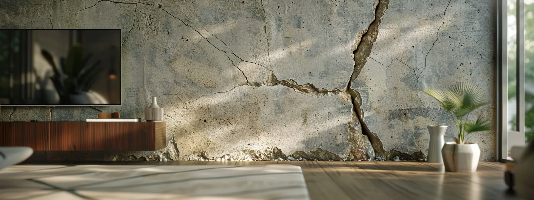 a close-up view of a residential foundation displaying visible cracks and uneven surfaces, set against the backdrop of a stark, modern home interior, emphasizing the urgency for foundation repair services.