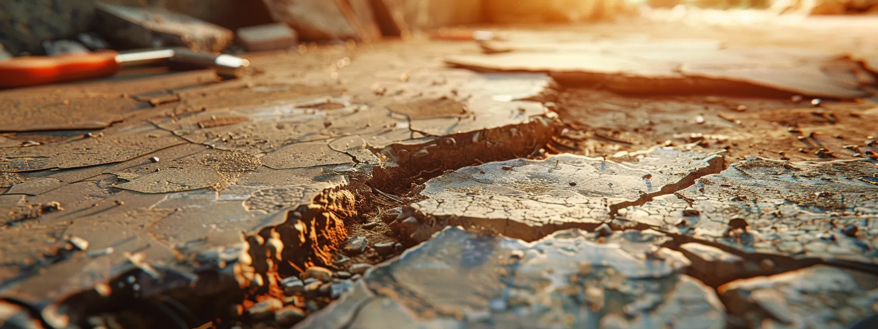a close-up view of a distressed residential foundation in orlando, showcasing visible cracks and signs of wear, with construction tools strategically placed nearby to emphasize the urgent need for repair.