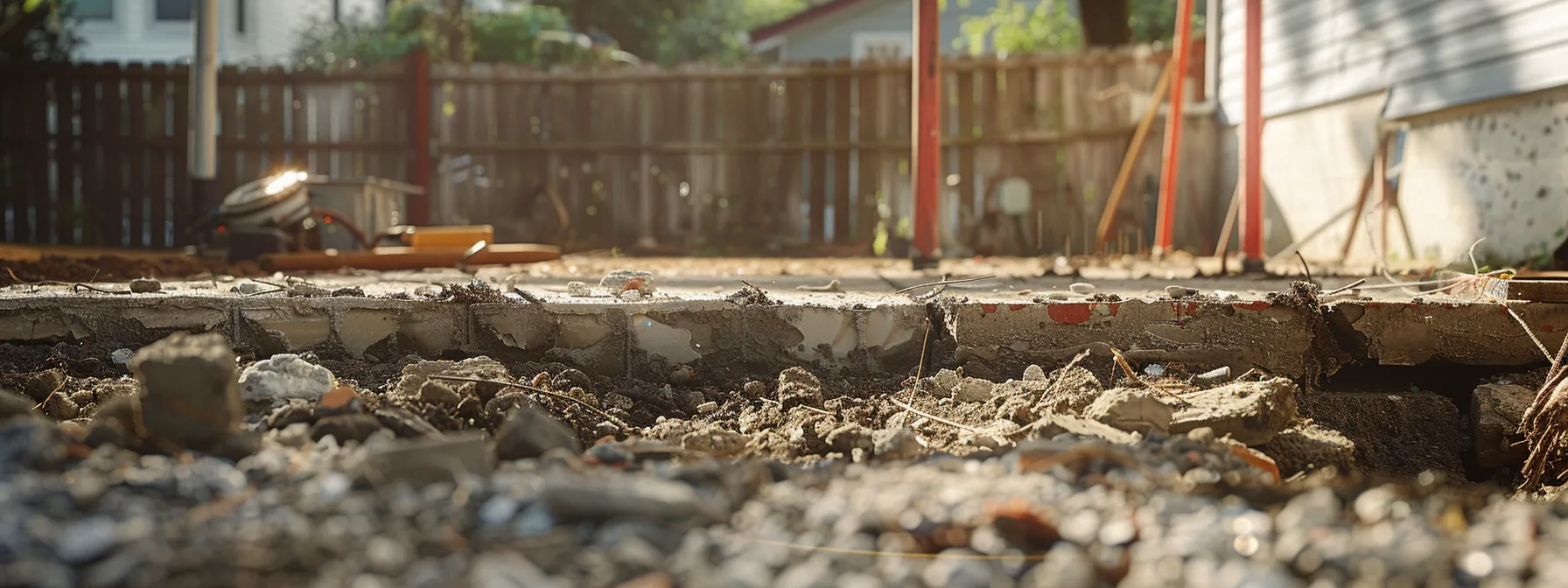 a close-up of a residential foundation with visible cracks and settling issues, set in an urban neighborhood, showcasing construction tools and materials nearby, highlighting the urgent need for effective repair methods in orlando, fl.