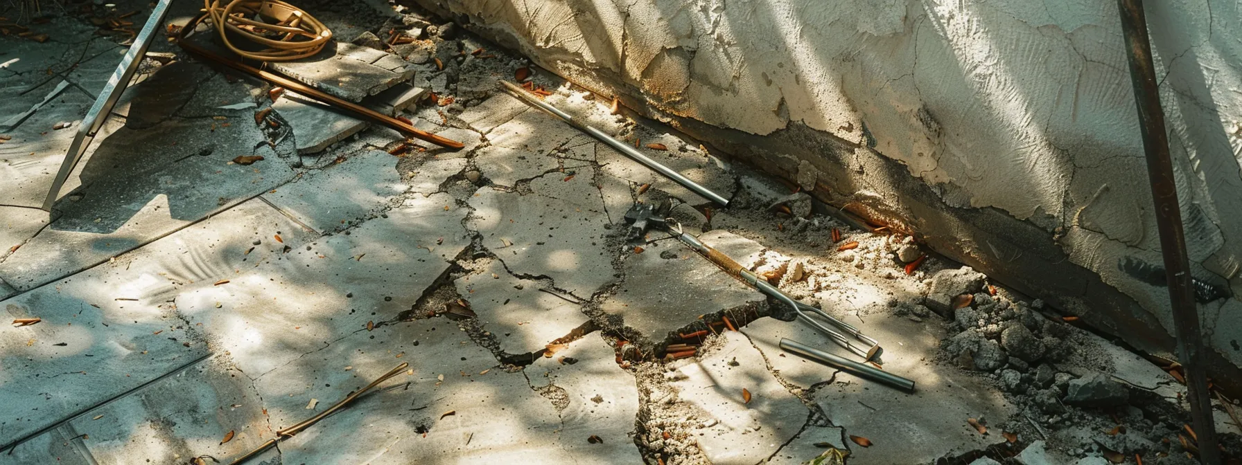 a detailed view of a partially cracked residential foundation in an urban orlando setting, showcasing repair tools and materials like steel reinforcements beside the damaged area, with sunlight casting sharp shadows to emphasize the urgency of the repair.