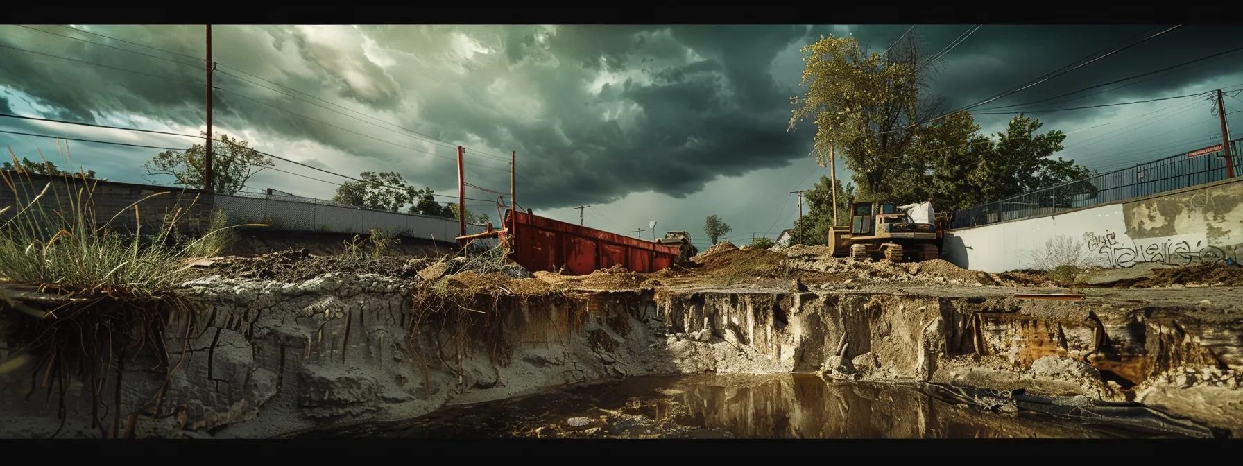 an urban residential foundation in disrepair, prominently featuring advanced polyurethane foam injection equipment and soil stabilization tools, set against a backdrop of impending storm clouds, emphasizing the innovative technologies enhancing structural integrity against erosion and flooding.