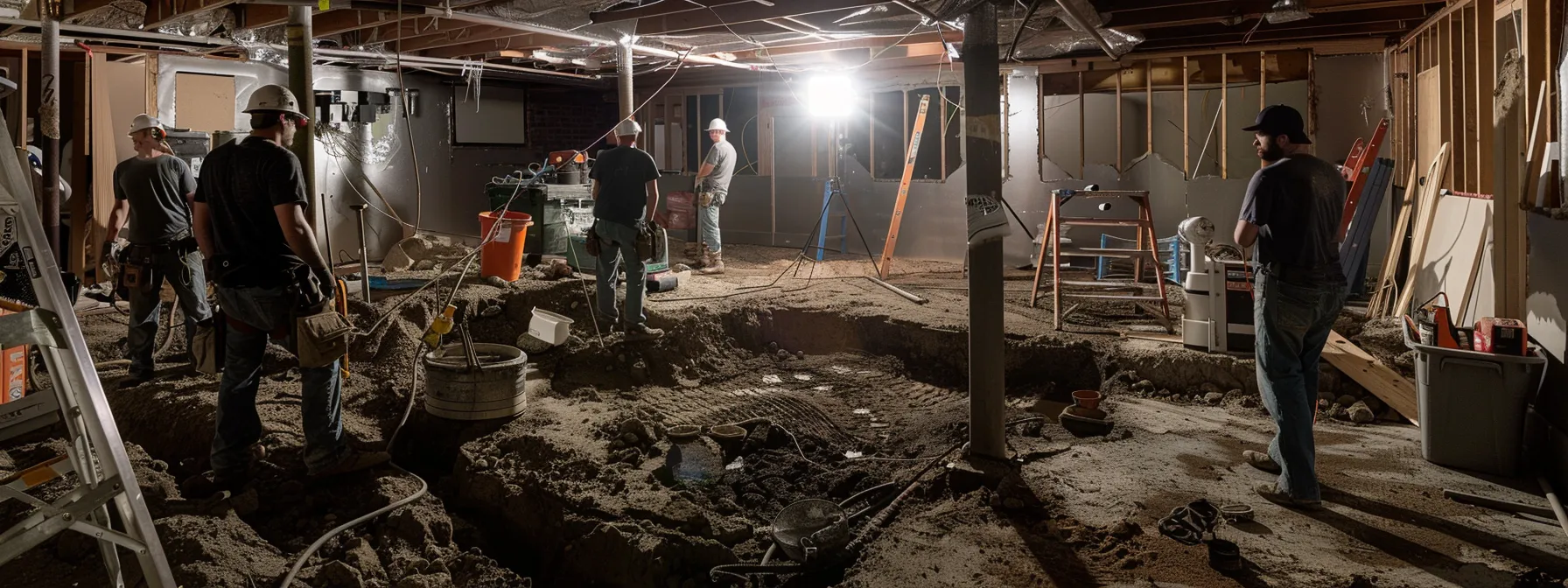 an industrial-looking residential property showcases an exposed foundation with visible cracks and uneven surfaces, where crew members are diligently setting up barriers and equipment to prepare for foundation repair, all under a stark, overhead fluorescent light that emphasizes the urgency of the work.