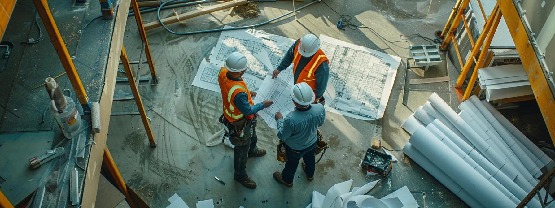 a bustling commercial office environment showcases a focused team of professionals engaged in a detailed assessment of foundation repair solutions, surrounded by blueprints and technical equipment that highlight the complexities of infrastructure evaluation and repair.