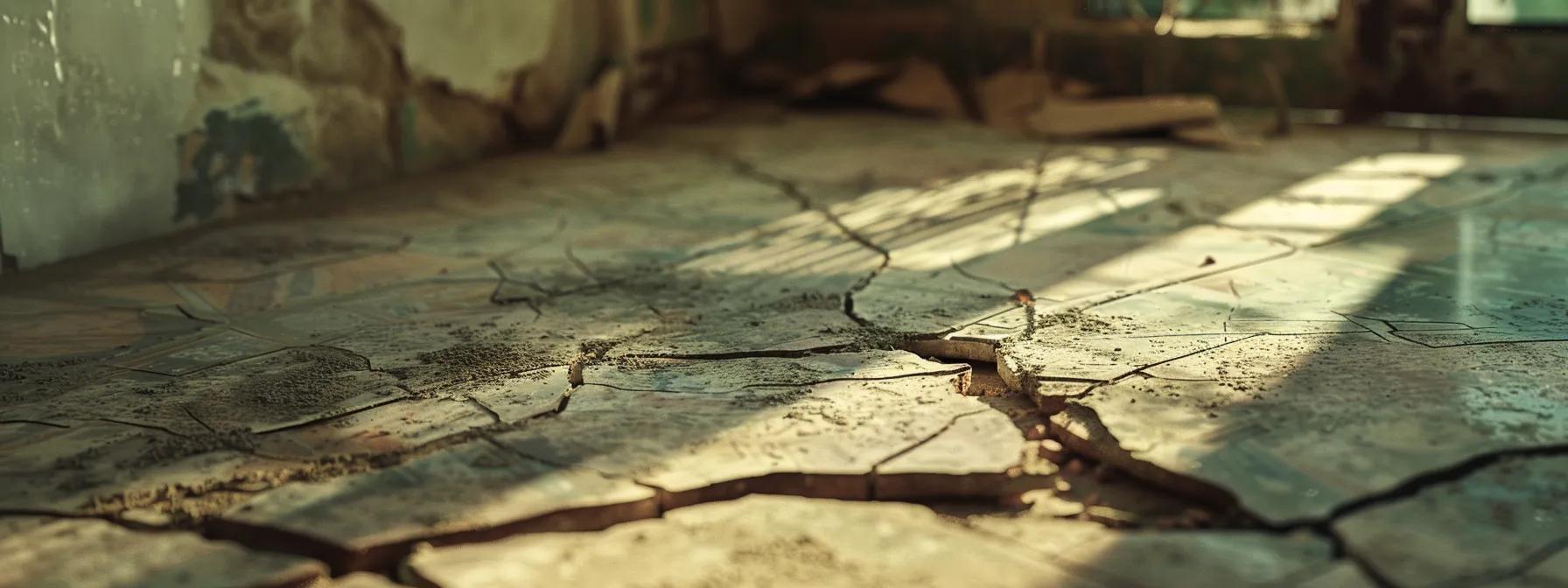 a close-up view of a cracked slab foundation in a residential orlando setting, highlighting clear signs of damage with sharp, contrasting shadows that emphasize the structural concerns and urgency of repair.