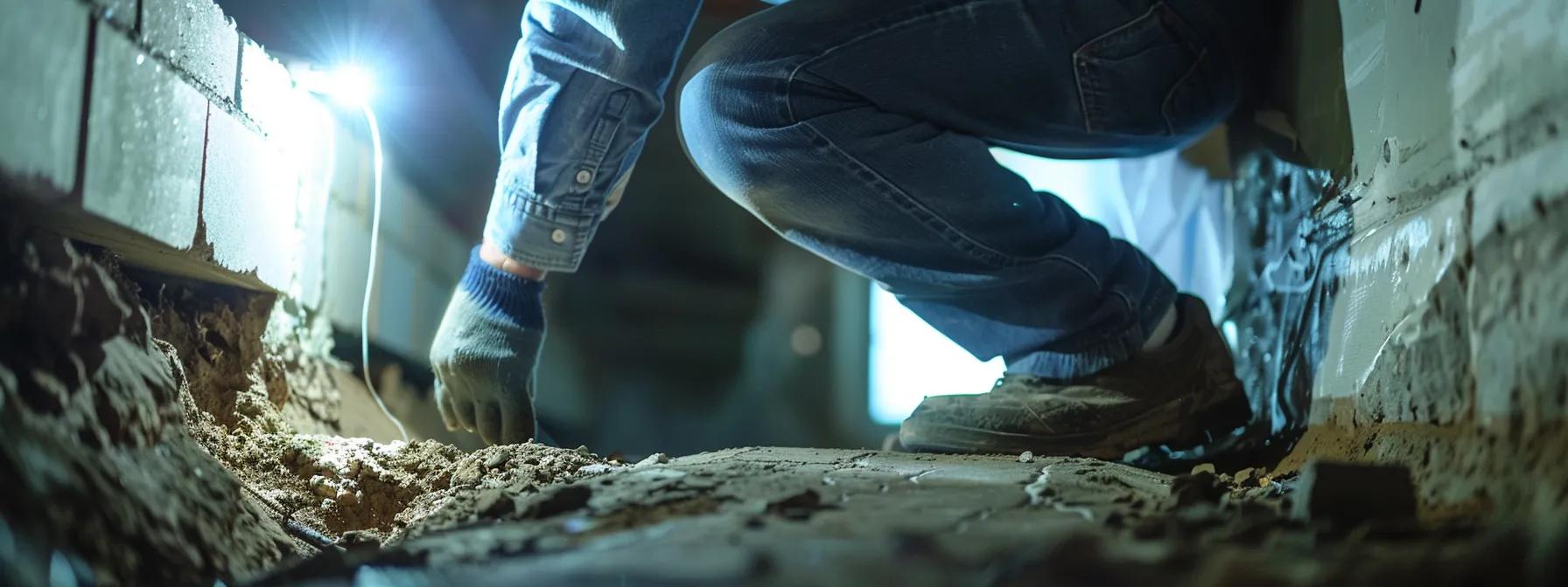 a close-up view of a professional contractor examining a cracked and uneven slab foundation in a residential basement, illuminated by bright artificial lights, showcasing the urgency and precision of foundation repair work.