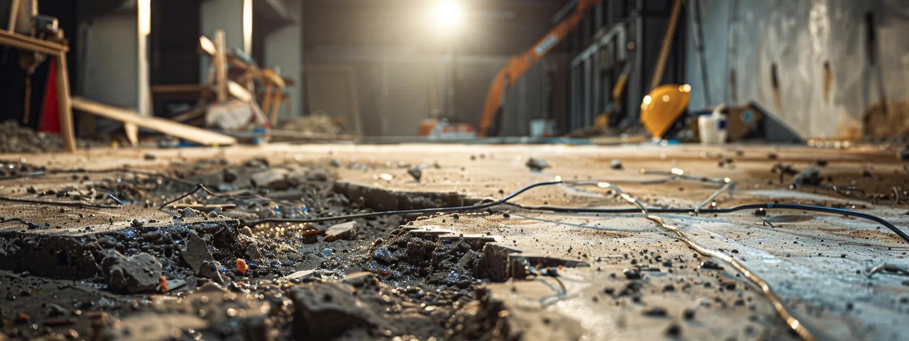 a detailed close-up of a distressed slab foundation in an urban orlando construction site, showcasing cracks and signs of settling, with construction tools and materials in the foreground under bright artificial lighting.