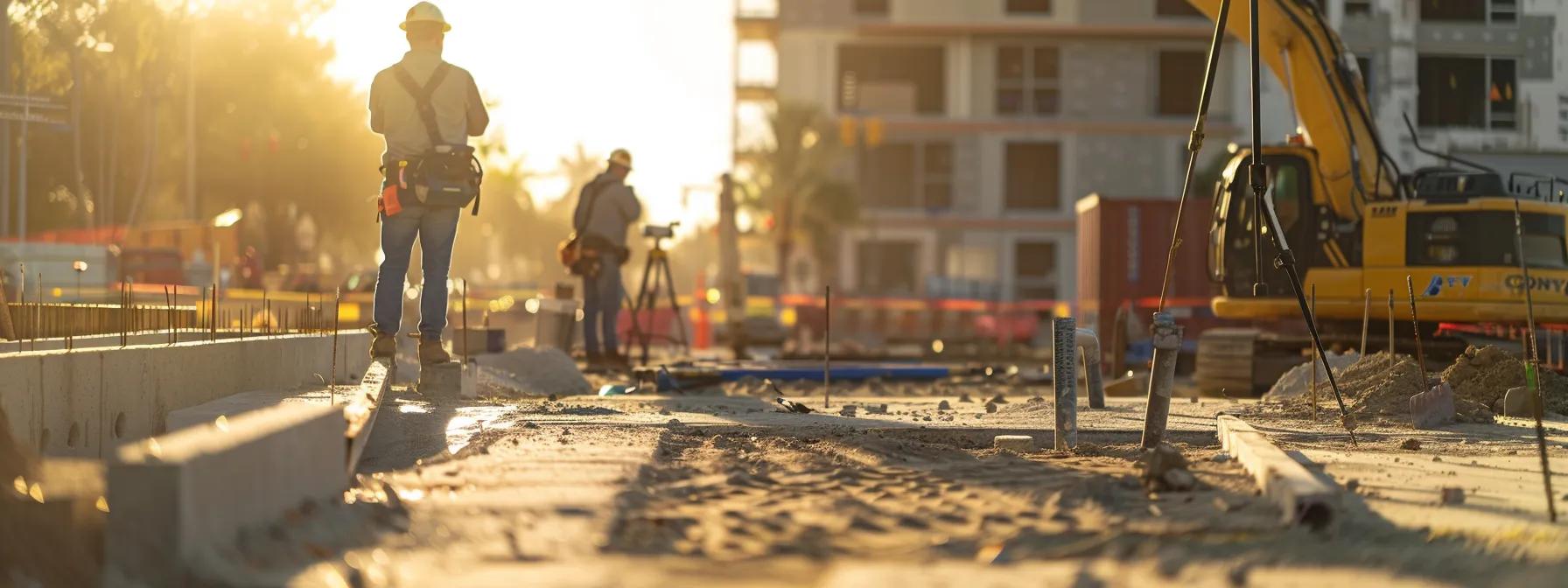 a focused view of a professional foundation repair team analyzing a slab foundation issue in an urban orlando setting, with concrete slabs and construction equipment prominently featured in the background, highlighting the urgency and expertise involved in foundation stabilization.