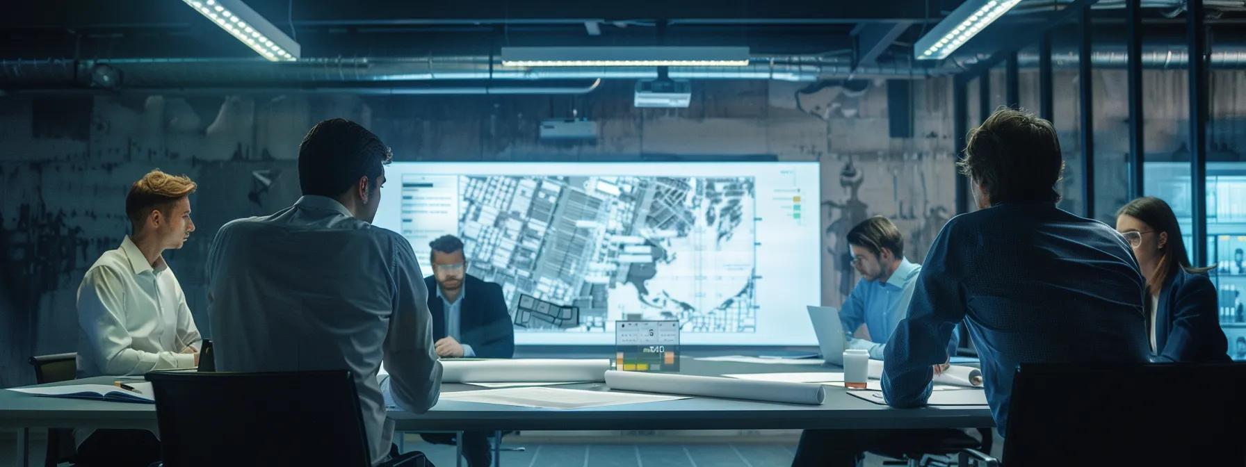 a modern conference room filled with professionals analyzing detailed blueprints and structural diagrams on a sleek table, illuminated by bright overhead lights and featuring a large screen displaying architectural designs, emphasizing the complexities of foundation issues in commercial properties.