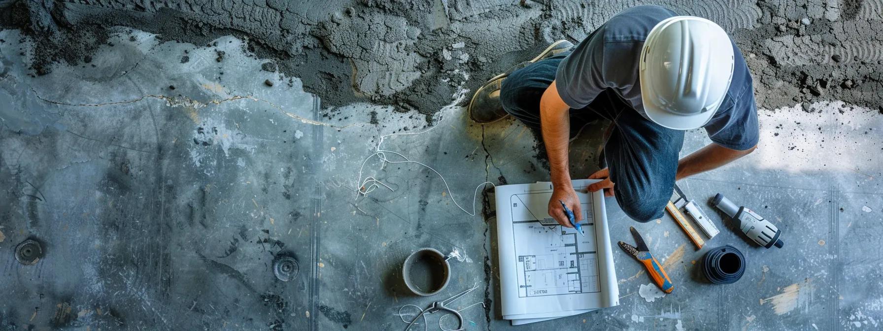 a professional foundation repair technician inspects a cracked concrete slab in a well-lit, modern orlando office, with diagnostic tools and blueprints spread out on a sleek table, emphasizing the importance of expert intervention for serious foundation issues.