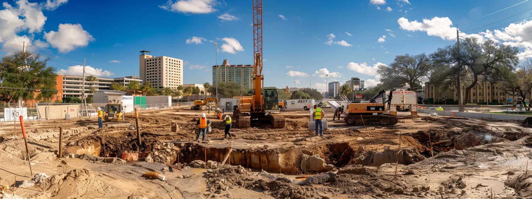 a sharply focused urban construction site in orlando showcases a team meticulously studying a cracked slab foundation, with soil testing equipment and water drainage tools prominently displayed against the backdrop of a bustling city.