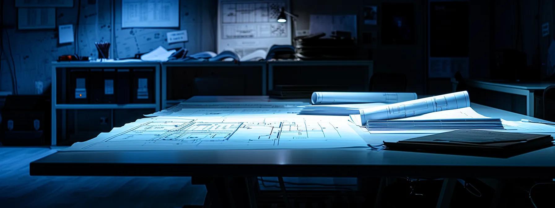 a sleek conference room featuring a modern table strewn with blueprints and financial documents, illuminated by soft, focused lighting, emphasizing a discussion on commercial foundation repair planning and budgeting strategies.