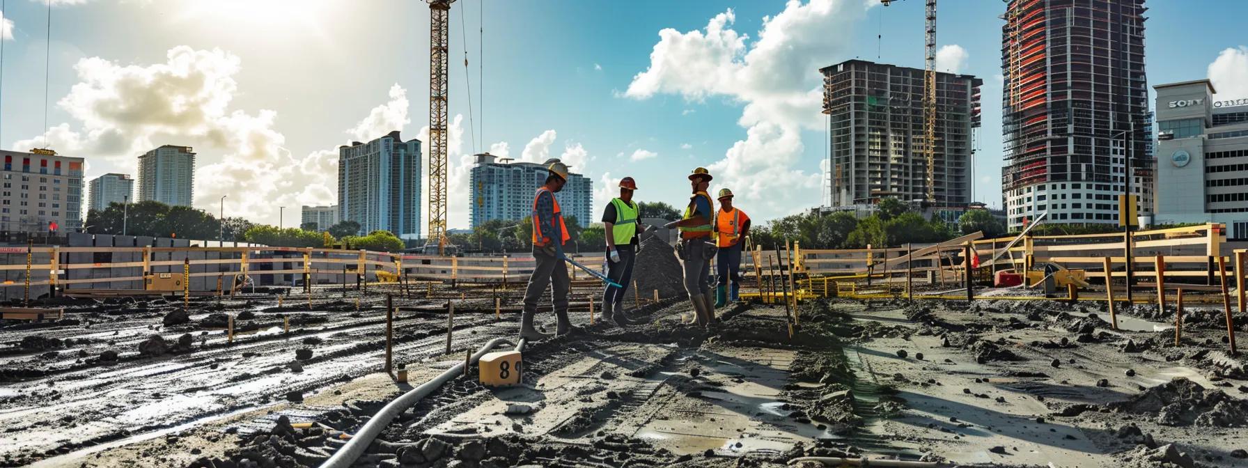a well-organized orlando construction site is depicted, featuring workers examining a robust slab foundation while discussing proactive preventative measures, all under the bright, clear urban skyline that emphasizes the importance of foundation maintenance in a dynamic environment.