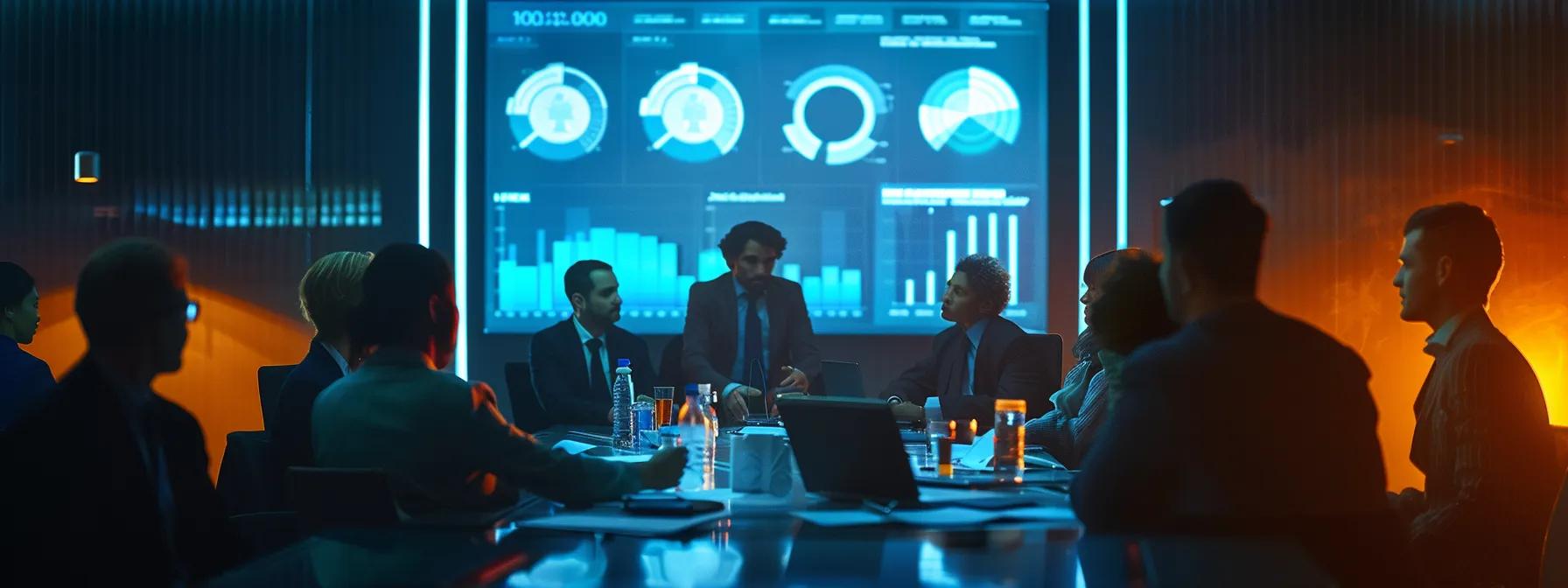 a sleek, modern office scene features a diverse group of professionals engaged in an animated discussion around a large table, with financial graphs and charts projected on a screen, illustrating the strategic impact of commercial foundation care on enterprises in orlando, fl.
