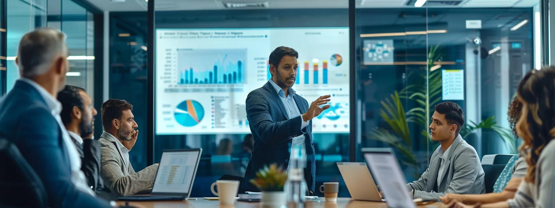 a modern office conference room in orlando, showcasing a diverse team engaged in a discussion about reliable commercial foundation care partnerships, with sharp, vibrant visuals and a sleek digital presentation behind them.