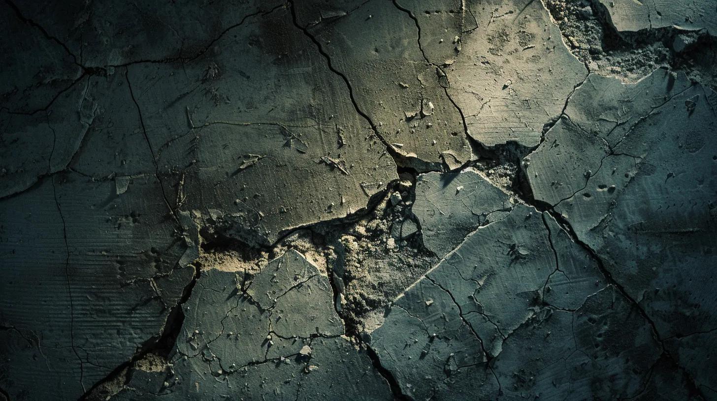 a close-up view of cracked concrete foundation walls inside an industrial setting, highlighting various types of cracks, with distinct diagonal and horizontal patterns that suggest serious structural stress, illuminated by harsh overhead lighting to accentuate the damage.