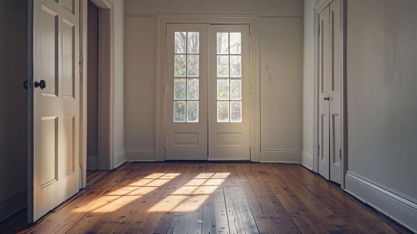 a close-up view of a room featuring visibly misaligned doors and windows, set against a stark backdrop of a clean, organized living space, highlighting the structural issues caused by underlining foundation problems.
