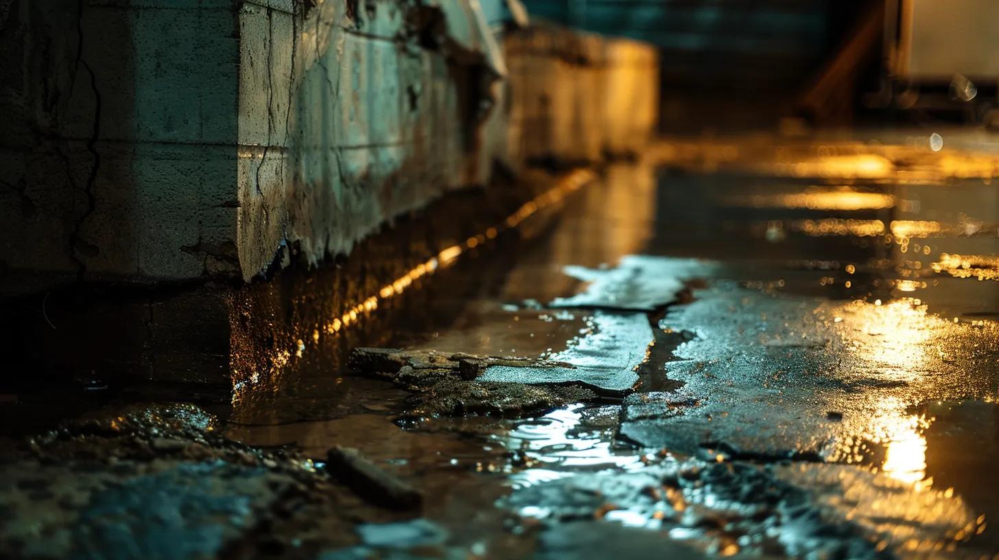 a close-up of a cracked concrete foundation in an urban basement, with visible water pooling around the base, illuminated by harsh overhead lights to highlight the urgency of foundation repair challenges caused by high water tables.