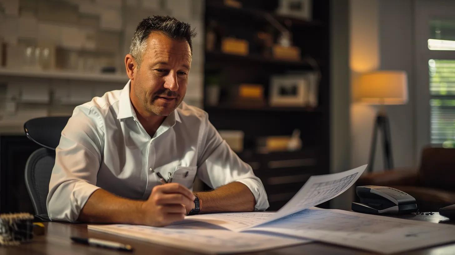 a meticulous technician in a modern orlando home office examines detailed foundation repair diagrams while innovative equipment and blueprints for underpinning and slab jacking lay prominently on the sleek desk beside him.