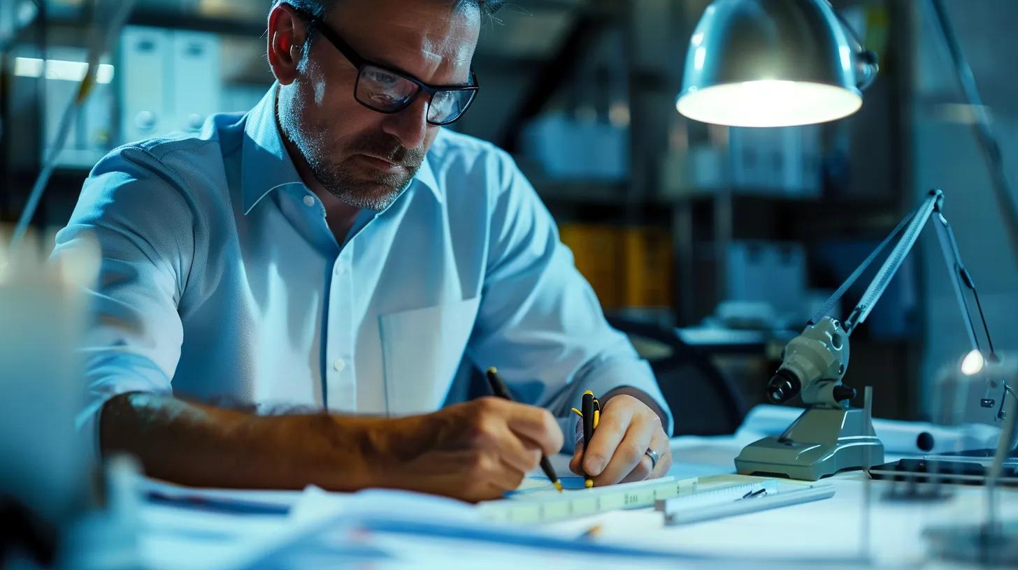 a focused scene of an inspector in a well-lit, modern office setting analyzing advanced diagnostic tools like laser measuring instruments and moisture meters, with blueprints and foundation schematics displayed prominently on a sleek desk.