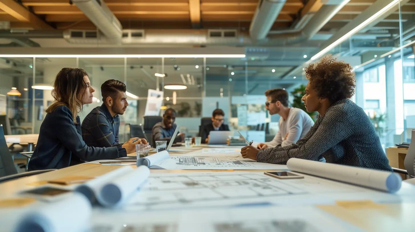 a focused view of a well-organized office meeting room showcasing a group of diverse professionals engaging in a discussion about foundation repair strategies, with blueprints and drainage plans spread across a sleek conference table under bright integrated lighting.