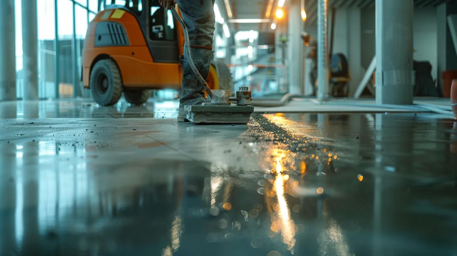 a focused view of a skilled technician performing slab jacking on a concrete floor in a modern office space, with specialized equipment and injected grout visibly raising a settled section of the slab.