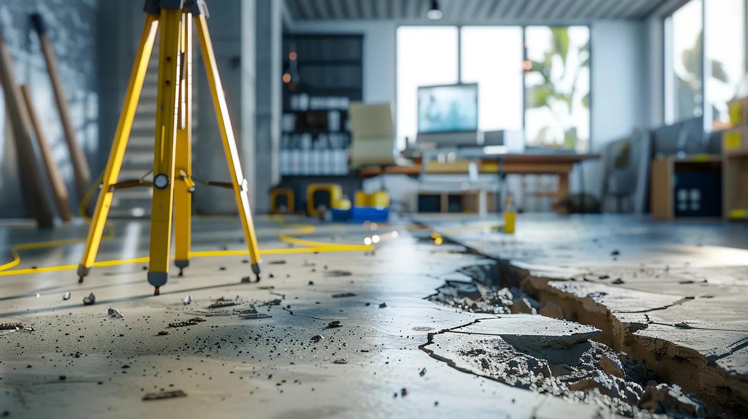 a modern office space displays a professional foundation inspection in progress, featuring advanced diagnostic tools like laser levels and moisture meters set against a backdrop of cracked walls and uneven flooring, highlighting the urgency of addressing structural issues.