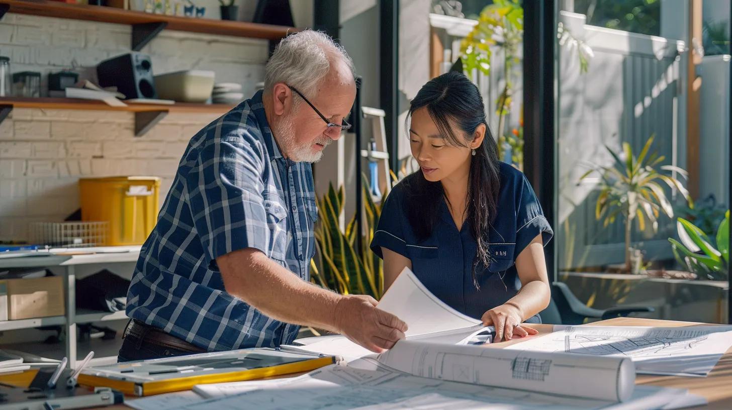 a sharply defined office scene showcasing a professional foundation repair consultant discussing detailed estimates with a homeowner, surrounded by architectural plans and tools, emphasizing transparency and expertise in repair solutions.