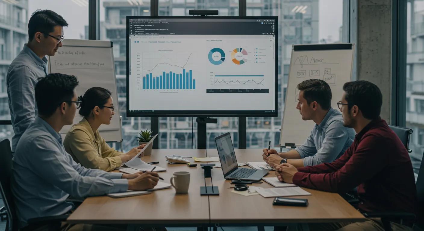 a dynamic urban office setting features a group of engaged professionals gathered around a sleek conference table, analyzing foundation repair strategies with focused expressions and digital graphs projected on a modern screen, embodying the theme of smart financial choices in home maintenance.