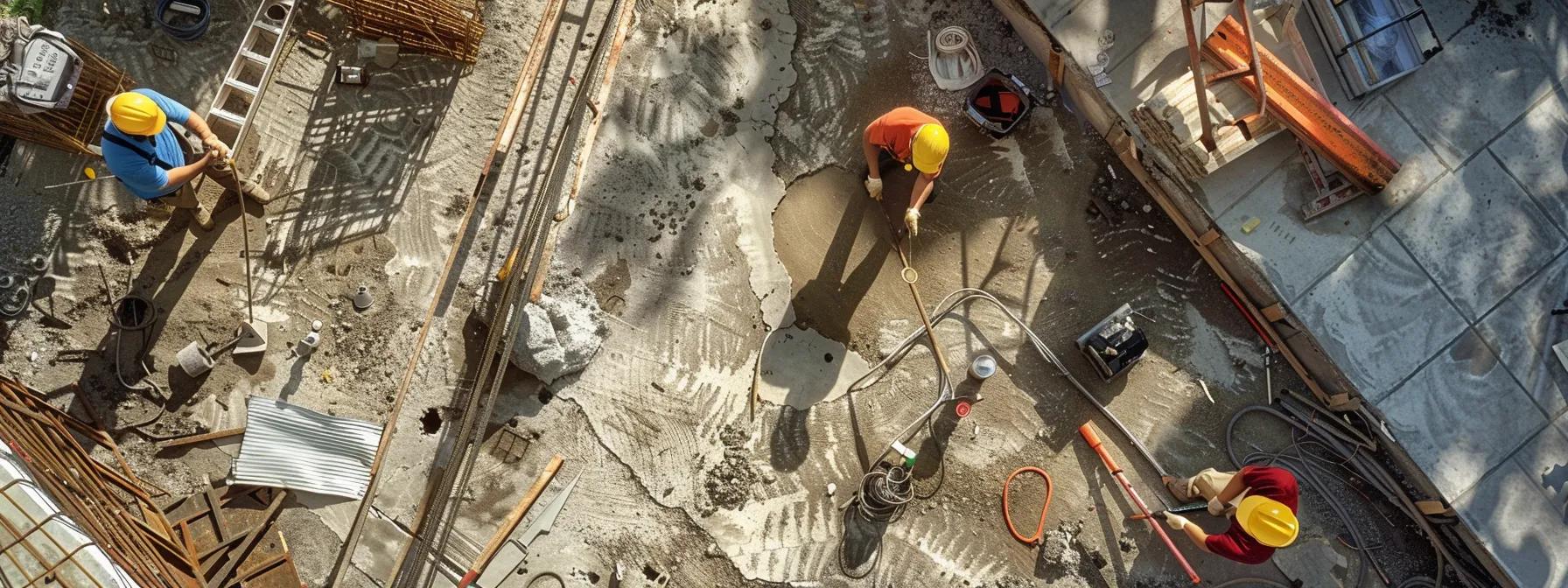 a focused view of a professional construction team inspecting a cracked concrete foundation in an urban orlando setting, with various tools and equipment laid out to emphasize the factors that influence repair costs.