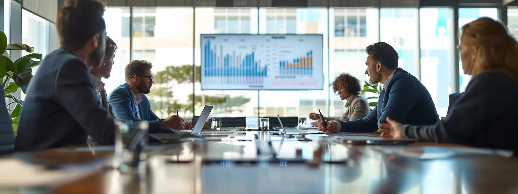 a high-contrast, modern office setting features a sleek conference table covered with detailed foundation repair charts and price estimates, surrounded by focused professionals engaged in a discussion about structural integrity and repair costs.