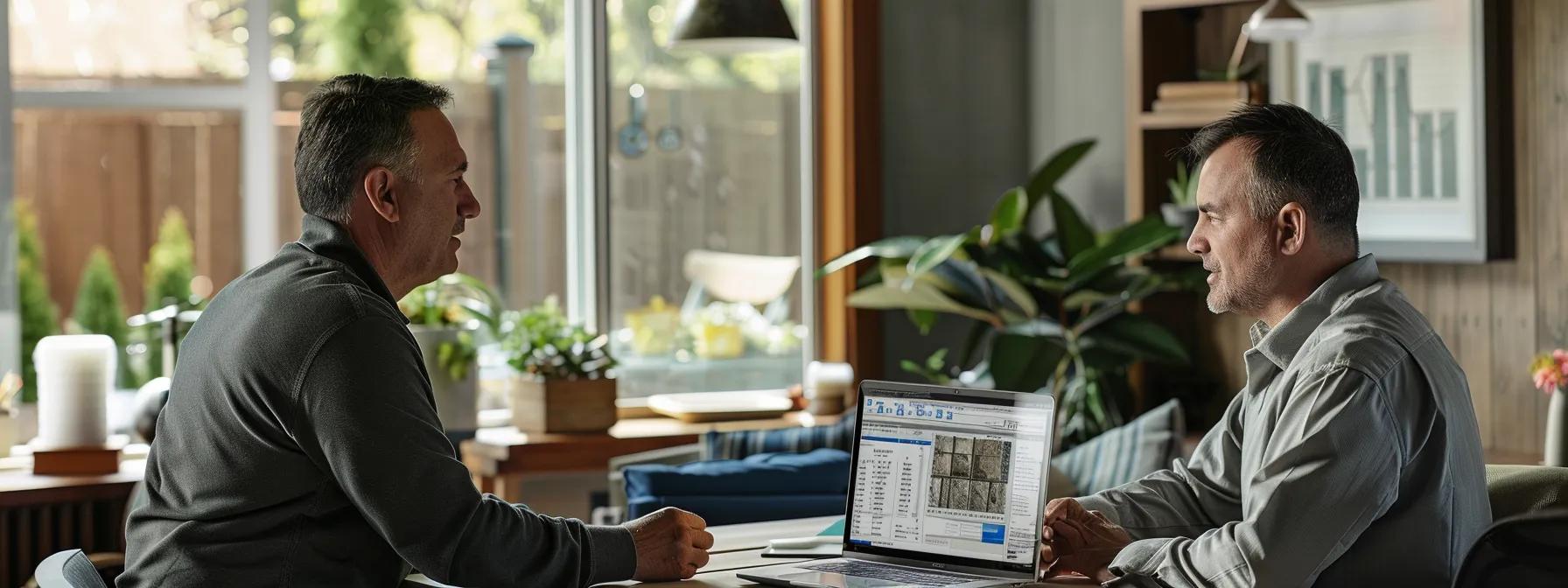 a professional home foundation repair consultation takes place in a modern office, featuring an open laptop displaying a detailed estimate breakdown with materials and costs, while a knowledgeable consultant engages with a homeowner in a well-lit, organized workspace.