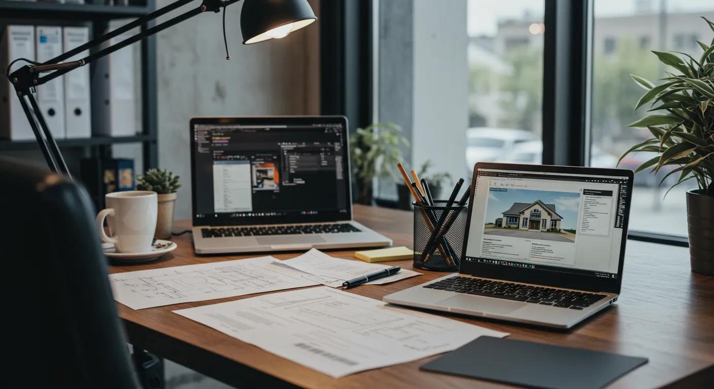a focused, professional urban office environment showcases a well-worn desk cluttered with foundation repair plans, customer testimonials, and a laptop displaying detailed quotes, emphasizing the serious decision-making process for orlando homeowners seeking trustworthy foundation repair services.