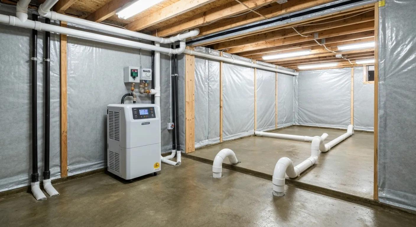 Encapsulated crawl space with vapor barrier and dehumidifier