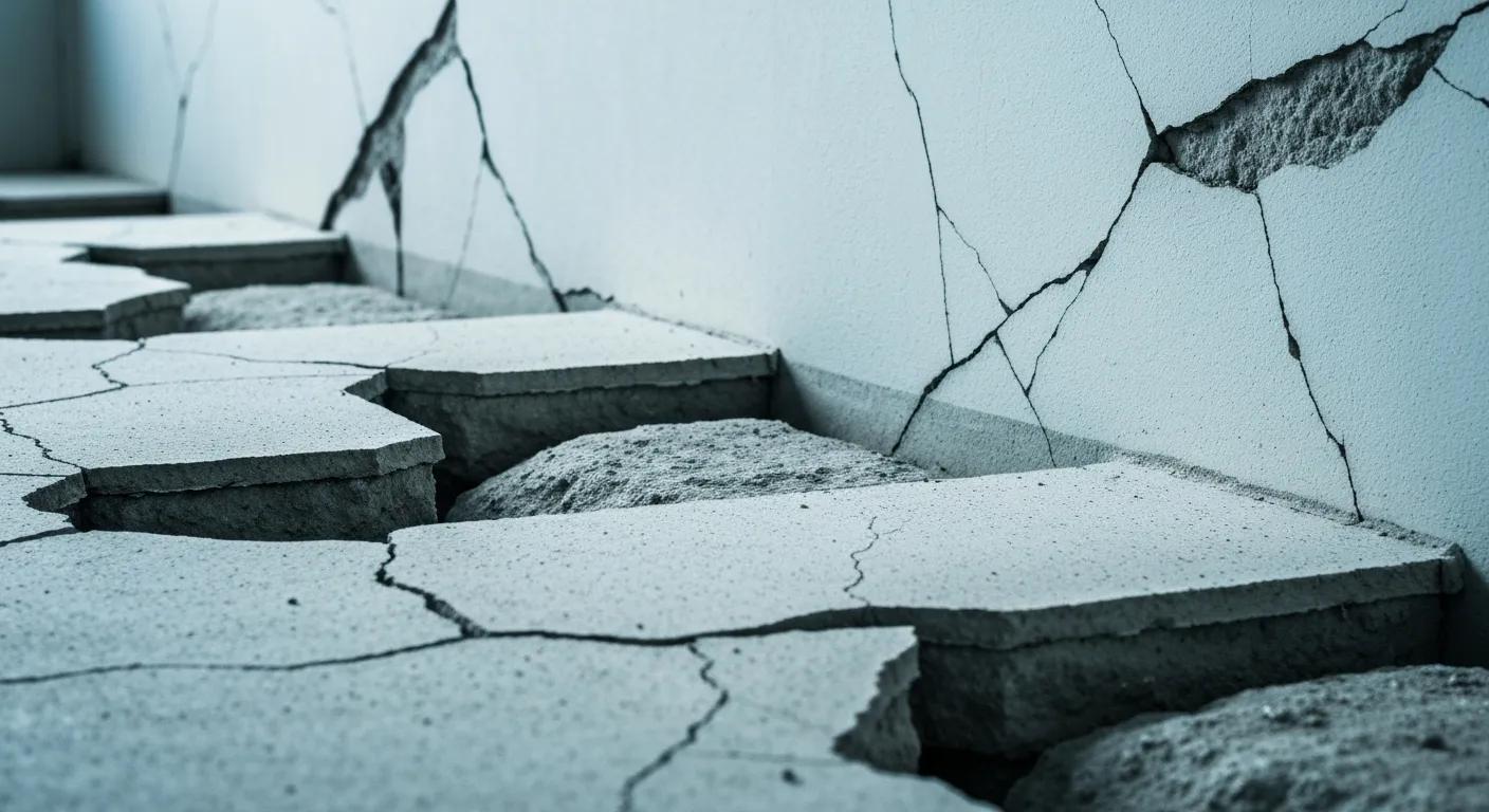 Close-up of foundation damage signs like wall cracks and uneven floors
